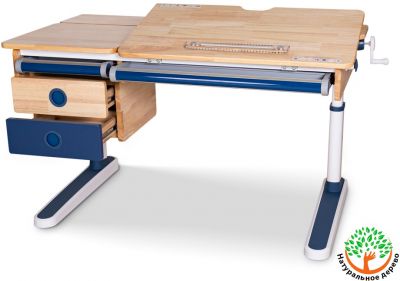 Детская парта Mealux Premium Oxford Wood Lite с тумбой c синей кромкой, цветом столешницы клен и белым каркасом