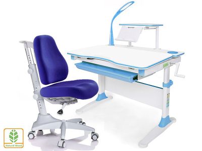 Комплект парта и кресло Mealux EVO-30 + Y-528 (с лампой) (дерево) c голубой кромкой, белой столешницей, белым каркасом и синей обивкой